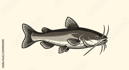 Obraz na płótnie Detailed illustration of a catfish with long barbels on a neutral background