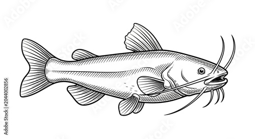 Фотография Black and White Sketch of a Catfish with Long Whiskers on White Background