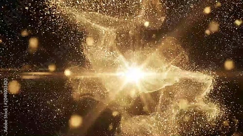 Particles of glowing golden dust swirl in a concentrated circular motion against a deep black background, creating a bright central explosion of light and magical energy.