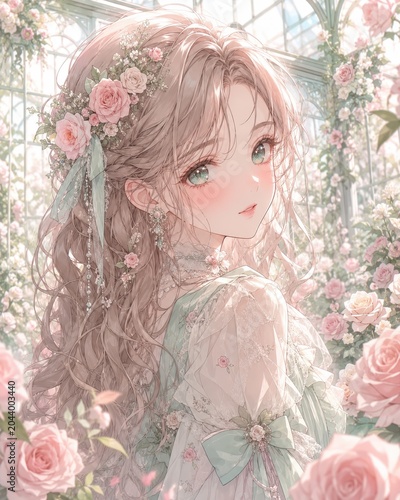 Floral Anime Girl with Rose Crown Digital Illustration