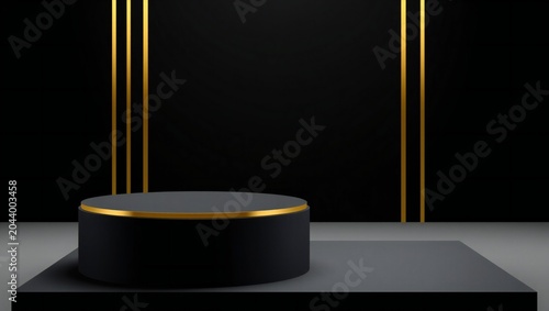Black and gold product display podium with luxury stage background