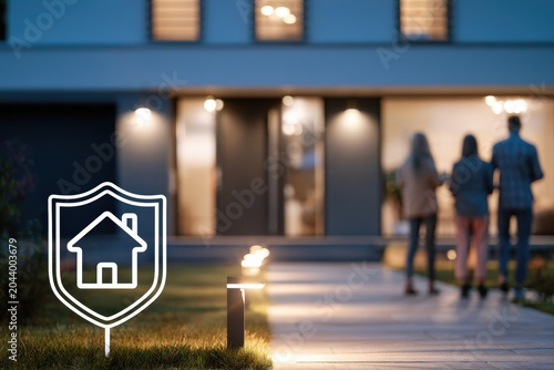 A modern residential property featuring smart security systems, illuminated pathways, and a welcoming atmosphere at dusk