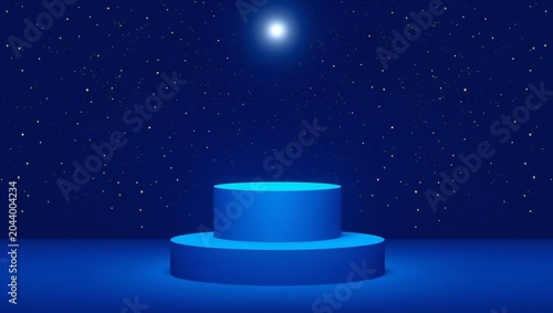 Empty blue podium stage for product display under a starry night sky with a glowing star