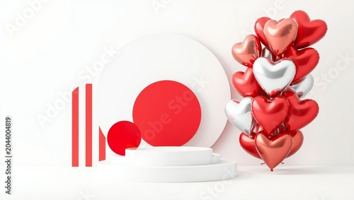 Shiny red and silver heart balloons with display podium for valentines day product showcase