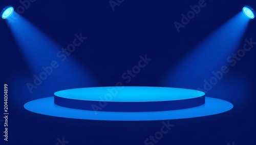 Empty round blue podium stage illuminated by bright spotlights for product presentation