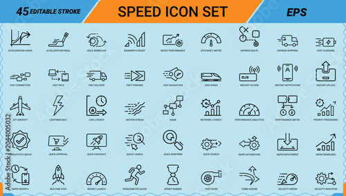 Foto Speed line art icons set, speedometer gauge, turbo engine, rocket launch, fast d