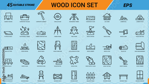 Foto Wood line art icons set, log cabin, carpentry hammer, circular saw, wood furnitu
