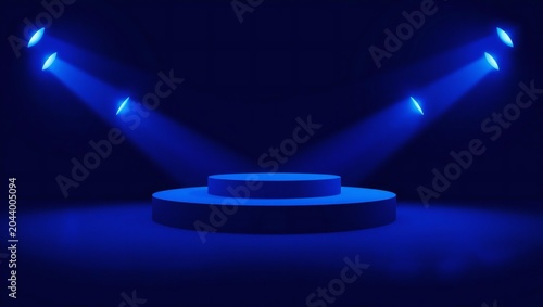 Empty blue podium stage with bright spotlights for product display