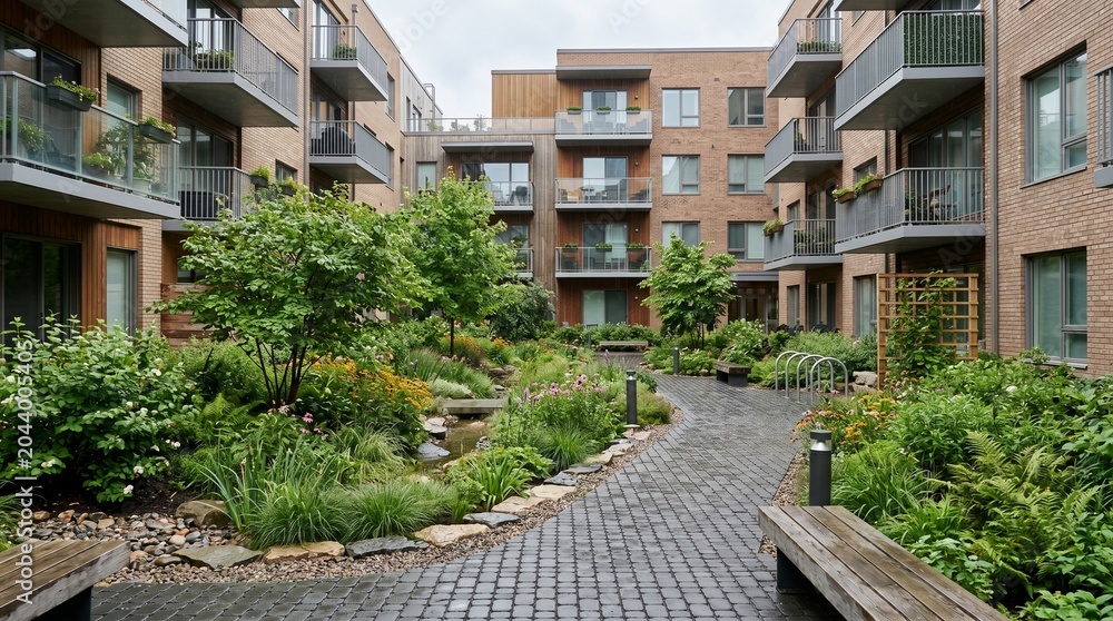 Fototapeta premium Medium shot of an eco urban courtyard with rain garden, native plants, and green buildings for climate resilience, ESG decks, and planning presentations.