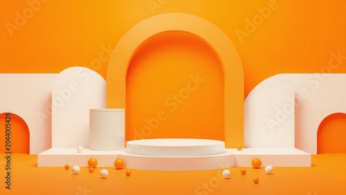 Empty podium stand with orange and cream arches for product display