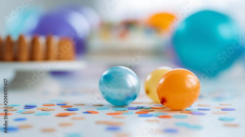 Small colorful party balloons and confetti on table surface with balloons confetti celebration