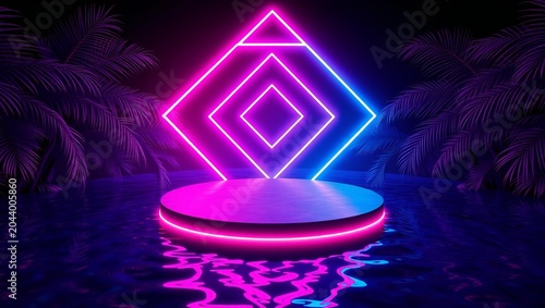 Neon glowing podium with geometric light shapes in a dark futuristic setting