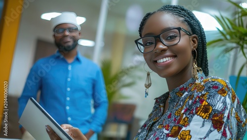 Smiling African American woman and man in office setting.