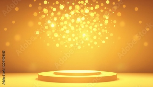 Empty gold podium stage with glowing bright lights and sparkles for product display