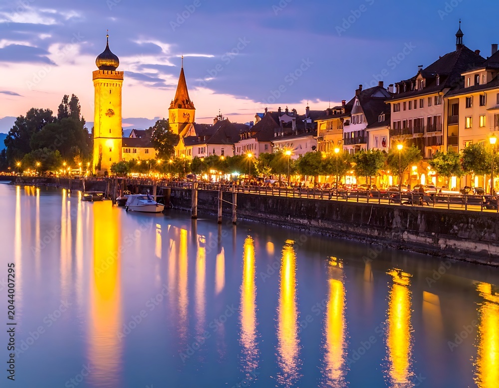 Fototapeta premium A serene riverbank scene at dusk with illuminated buildings