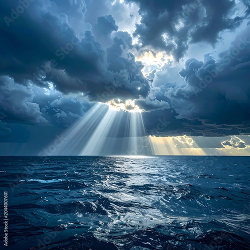 A serene ocean scene with sunbeams piercing through stormy clouds
