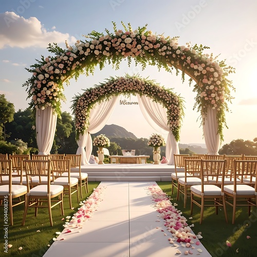 A serene outdoor wedding setup with floral arch and aisle