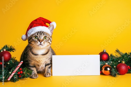 Cute Tabby Cat Wearing Santa Hat Holding Christmas Sign.