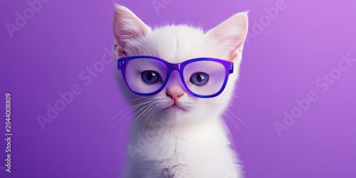 Cute white kitten wearing purple glasses against a vibrant purple background.