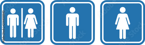 Restroom sign icons collection, male female gender restroom symbols, blue square washroom graphic template isolated white background,