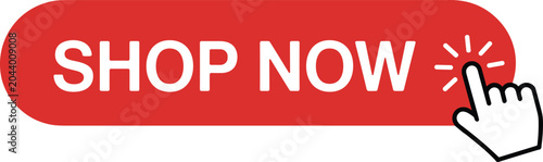 Red shop now button, hand cursor clicking online shopping icon, call to action graphic element for web e-commerce promotion