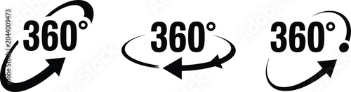 Three hundred sixty degrees view icons collection, panoramic rotation arrow loops, isolated white background graphic template design elements,