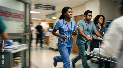Diverse Medical Team Rushing Patient on Gurney Through Busy Hospital Emergency Room Corridor