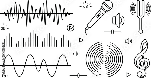 Slika na platnu Audio sound wave line icon vector set with microphone equalizer treble clef and
