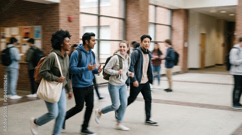 Fototapeta premium Diverse Group of Young Adult College Students Walking and Talking Together in a Modern University Hallway