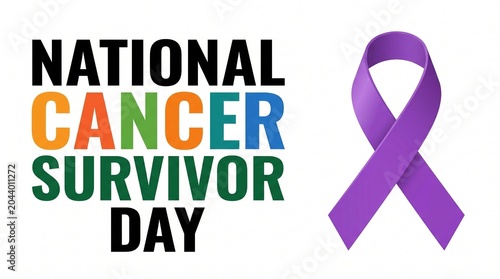National cancer survivor day celebration poster with purple awareness ribbon graphic on isolated white background for medical awareness campaigns and event support