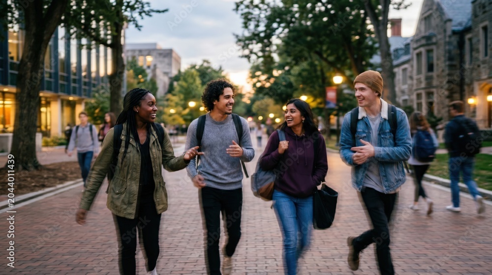 Naklejka premium Diverse Group of Young College Students Walking and Talking Together on a University Campus Pathway