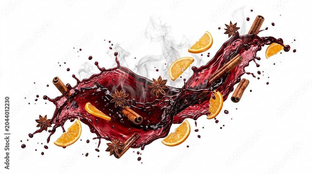 Naklejka premium Clean commercial advertising presentation of a premium artisan spiced wine punch showcasing fresh culinary ingredients.