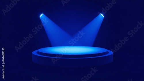 Empty blue podium with two bright spotlights shining down on a dark stage