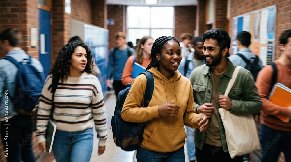 Obraz premium Diverse University Students Walking Together in College Hallway During Break