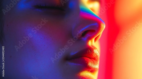 Close-up Beauty Portrait of a Woman with Colorful Neon Lights on Face