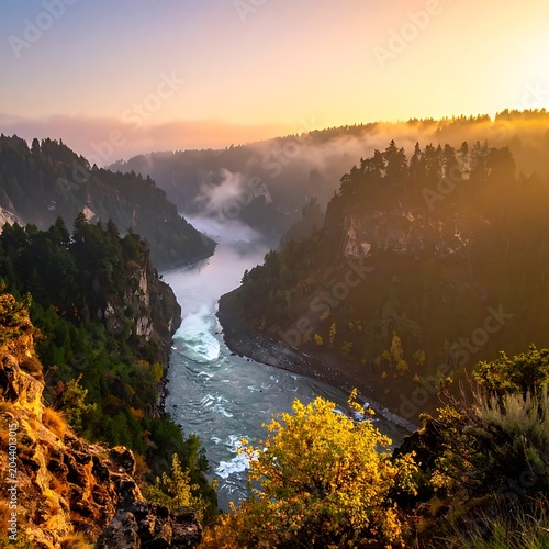A serene river winds through a rugged, tree-lined canyon at sunrise