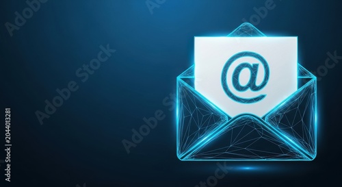Digital Email Envelope with @ Symbol on a Blue Futuristic Background