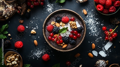 A Vibrant and Delicious Chia Seed Pudding Bowl Topped with Fresh Berries and Nuts