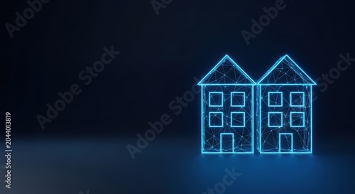 Digital Housing Network Representation with Futuristic Neon Buildings Glowing Against a Dark Background