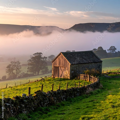 A serene rural landscape with a rustic barn on a hill