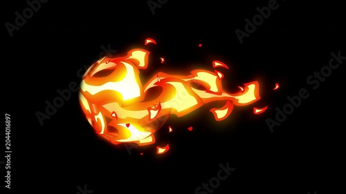 Animation fire ball, shape comet with burning long fire tail pattern on black background. suitable for creative motion graphics project