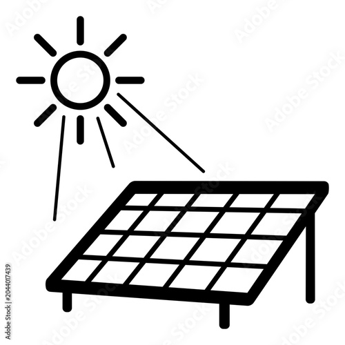 Solar Panel with Sun Rays Line Icon Illustration