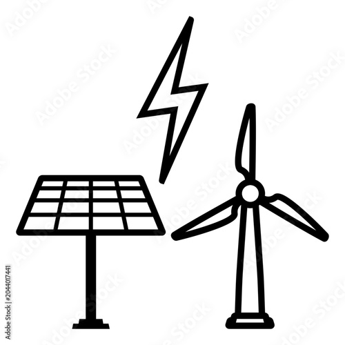 Solar Panel and Wind Turbine with Lightning Bolt Icon Representing Renewable Energy