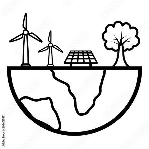 Renewable Energy Earth Icon with Wind Turbines Solar Panel and Tree