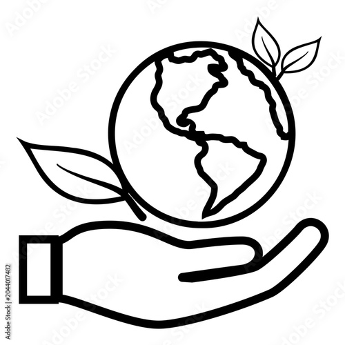 Hand Holding Earth Globe with Leaves Line Icon for Environmental Care