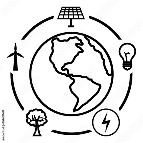 Renewable Energy Cycle Icons Around Earth Globe with Solar Panel Wind Turbine Bulb and Tree