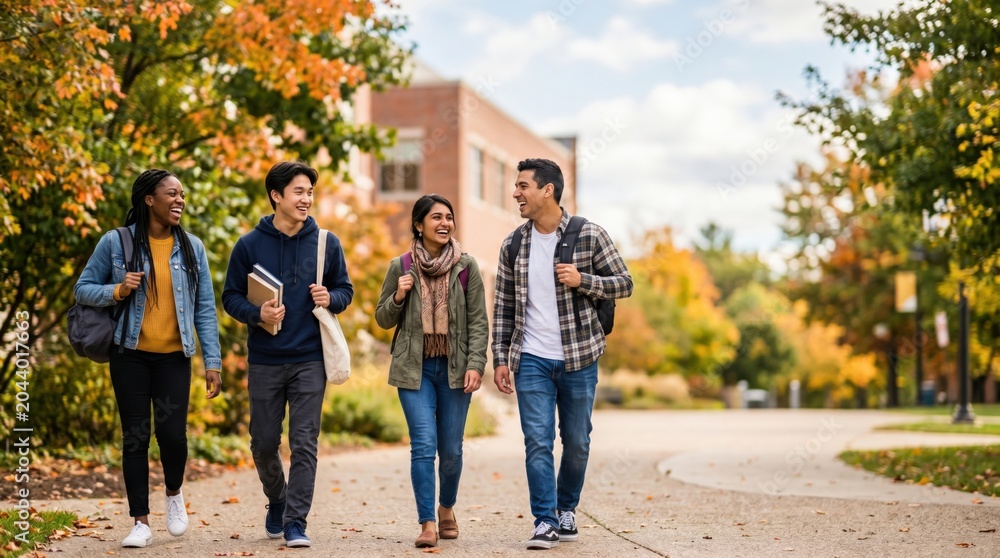Obraz premium Diverse Group of Young Adult College Students Walking Together on University Campus Path in Autumn
