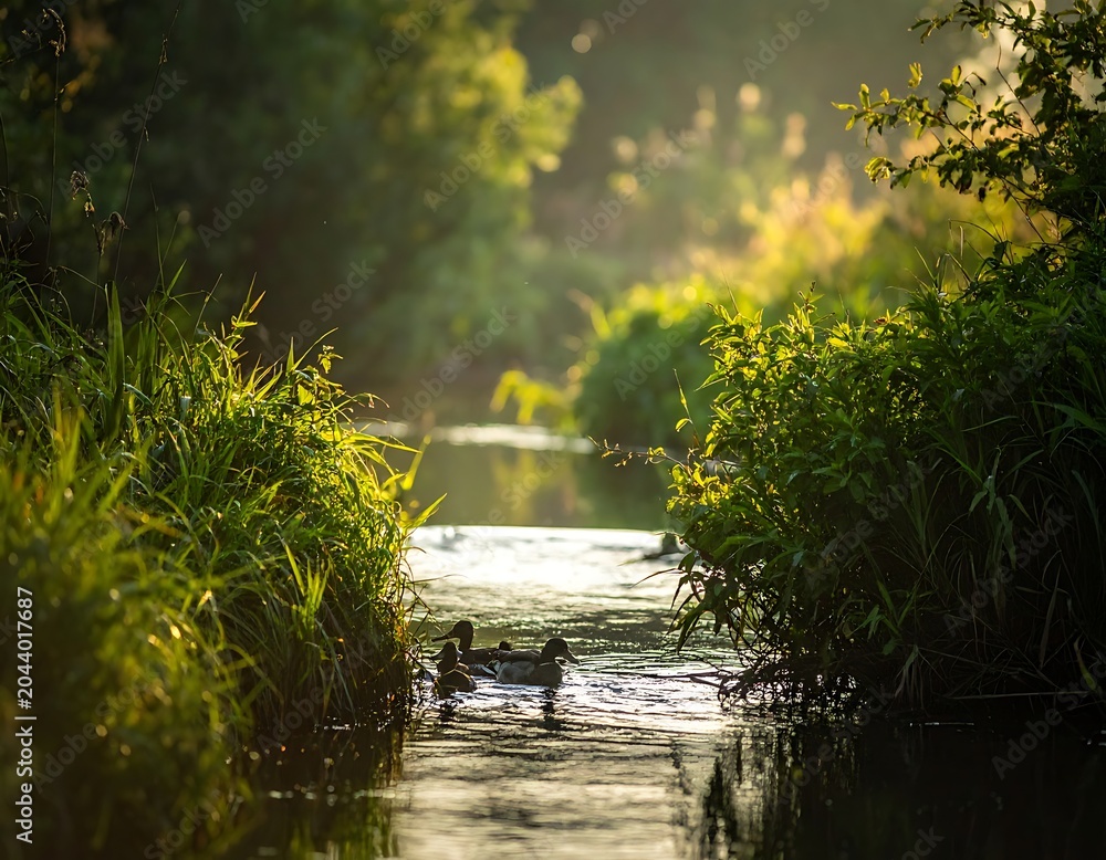 Fototapeta premium A serene scene of two ducks swimming in a sunlit river