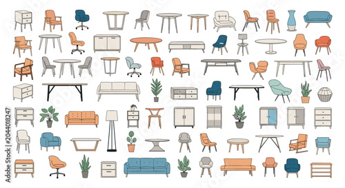 Detailed grid of various interior design furniture icons including chairs, tables, sofas, lamps, and potted plants for home decor planning.