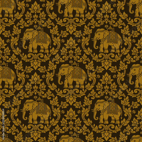 Thai elephant gold damask seamless pattern background, luxury traditional gold damask vector illustration for cultural wallpaper design.